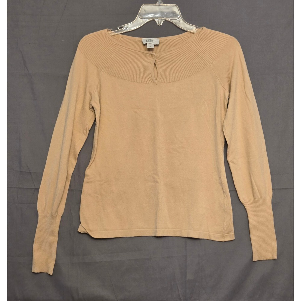 Ann Taylor‎ Loft Stretchy Sweater Women's Size Small Tan Keyhole With Button